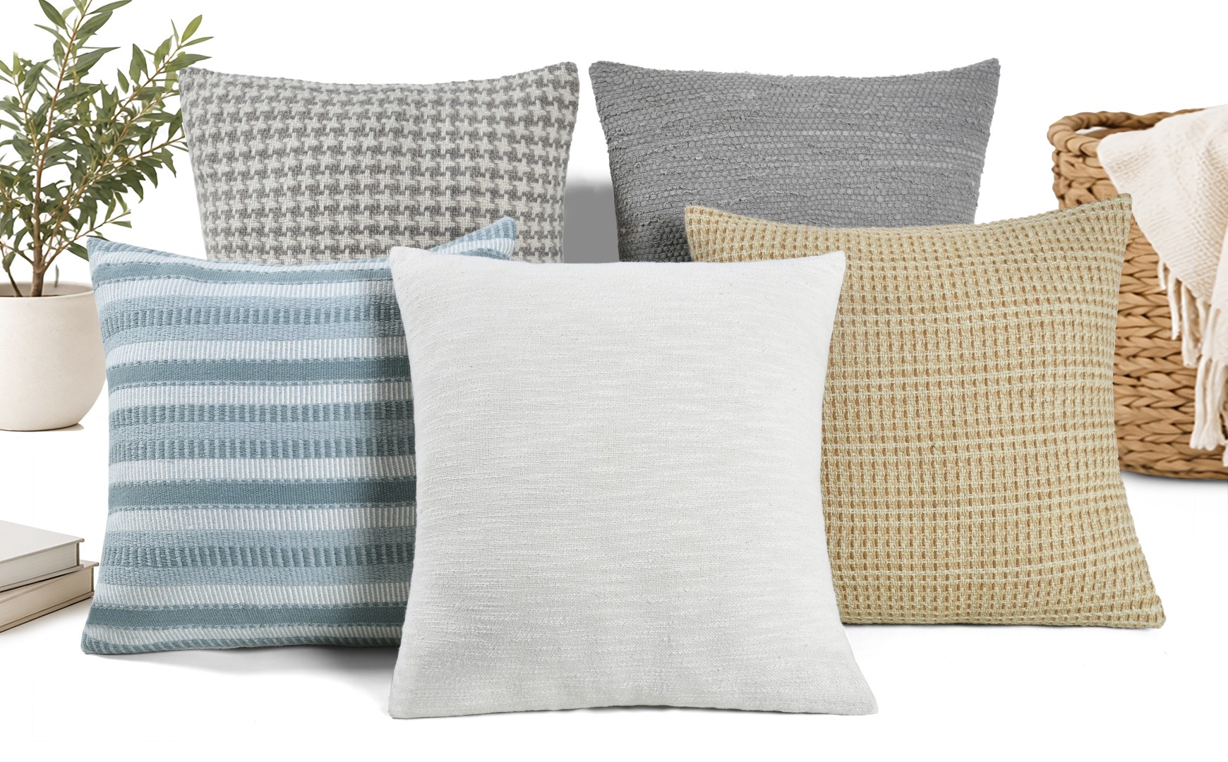 Muted clay tone cushion covers on timber bench