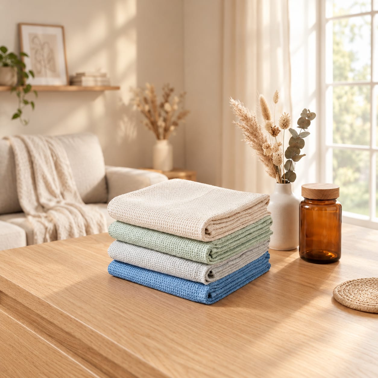 Muted clay tone cushion covers on timber bench